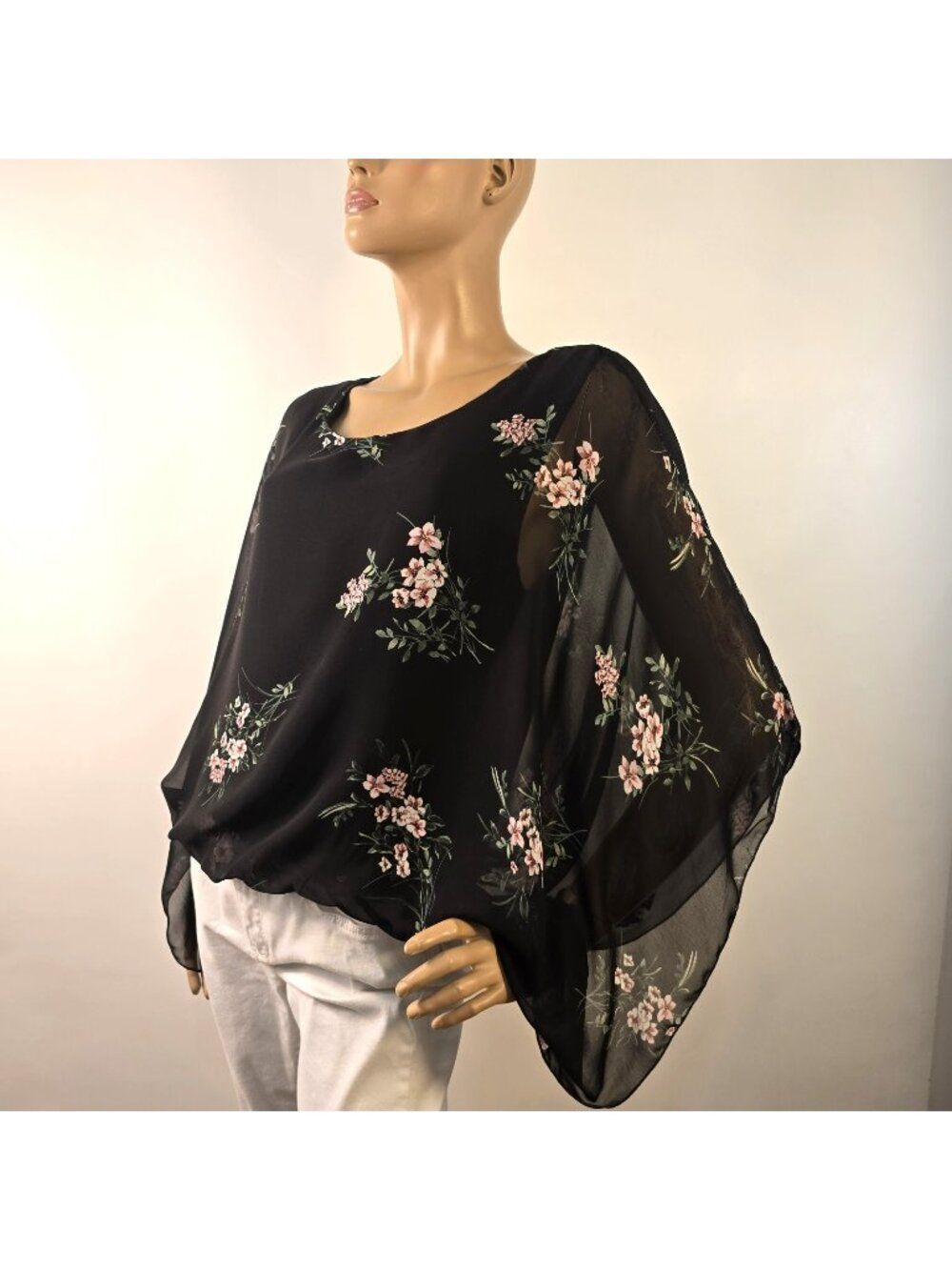 Karen Kane Garden Party Scarf Blouson Black Floral Top Women Size L Made In USA